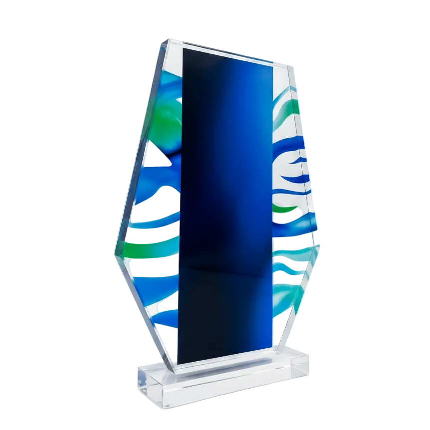 Decorative acrylic award with blue and green abstract design on a white background