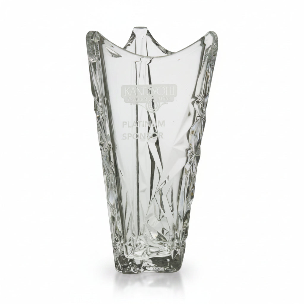 Clear crystal vase with custom engraved logo and award text
