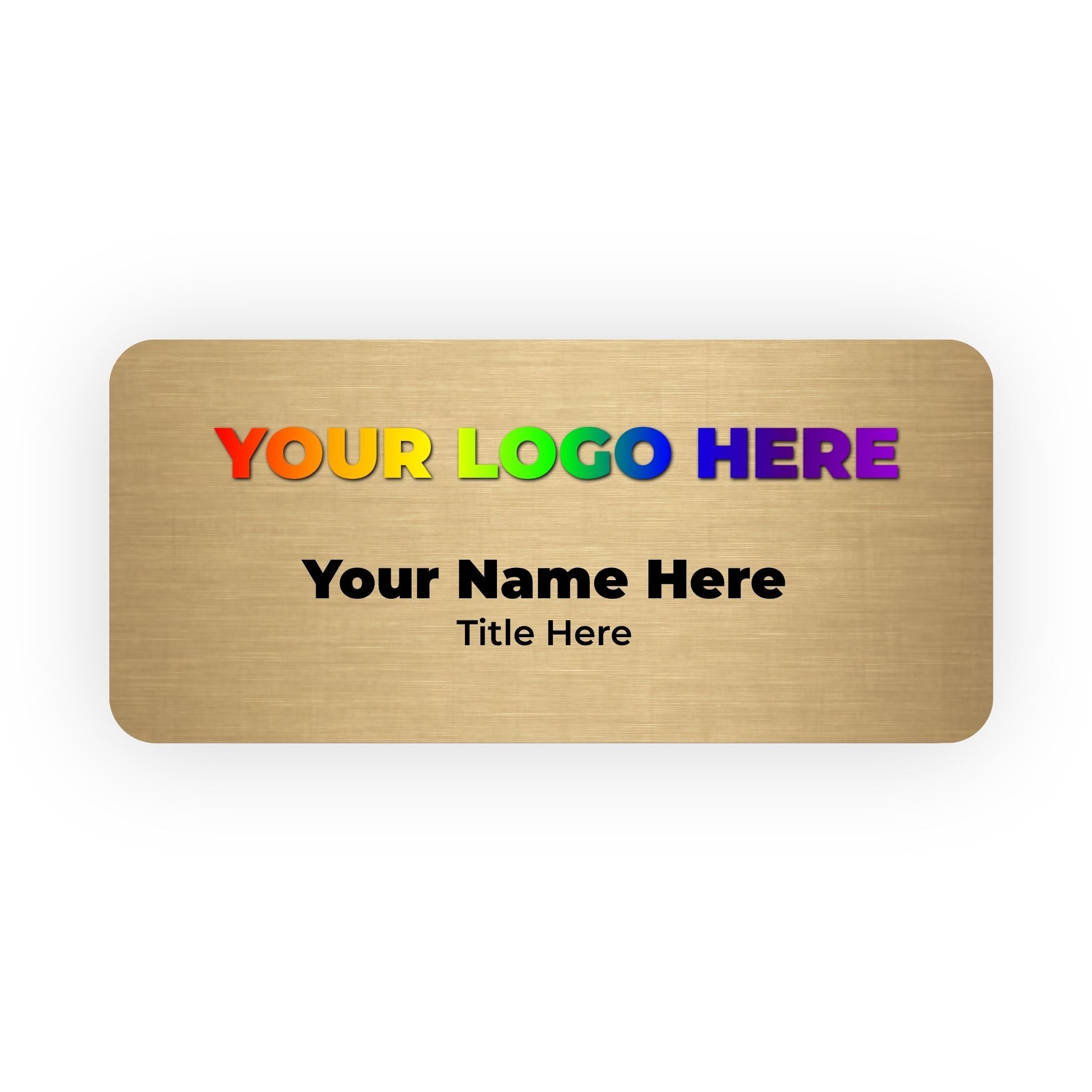 Gold name tag with customizable text and logo area on a white background