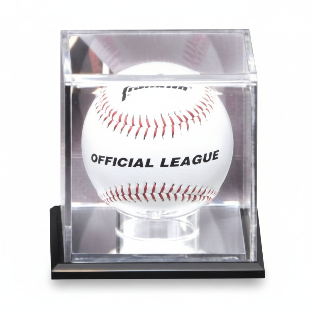 A white baseball with red stitching and the words 'OFFICIAL LEAGUE' printed on it, displayed inside a clear acrylic cube on a black base against a white background.