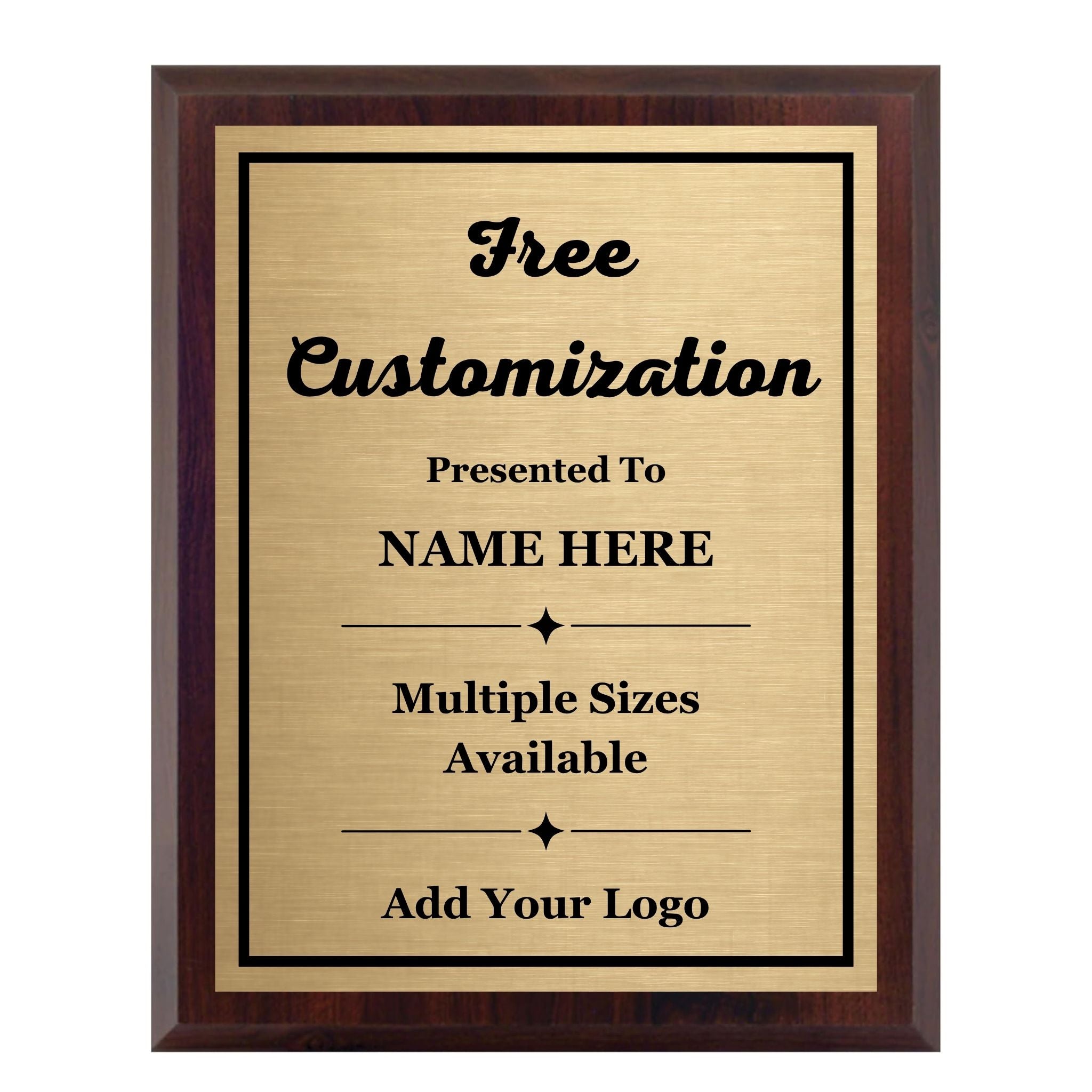 Customizable walnut plaque with gold and black metal engraved plate - free personalization with name and logo