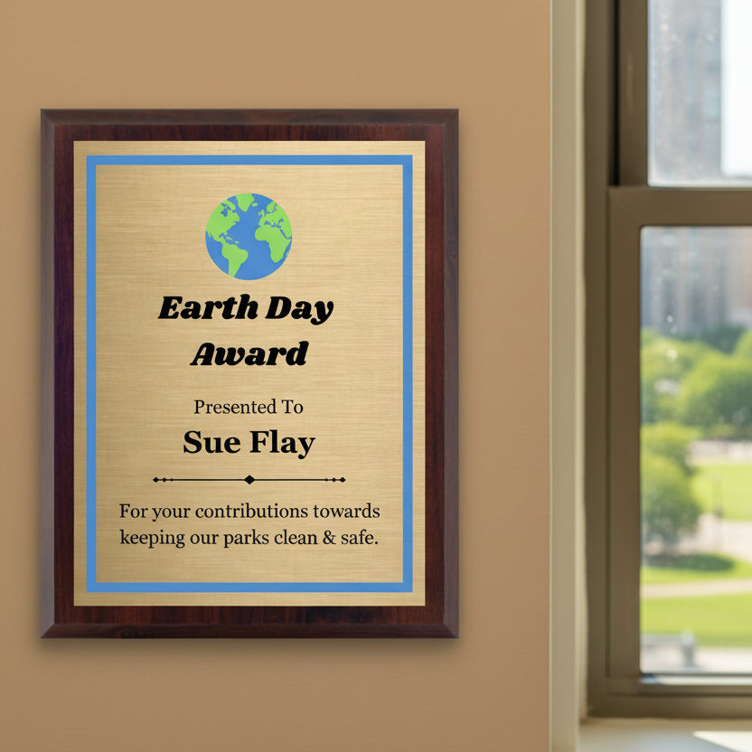 Personalized walnut plaque with custom gold engraved metal plate - Earth Day Award example with free name customization