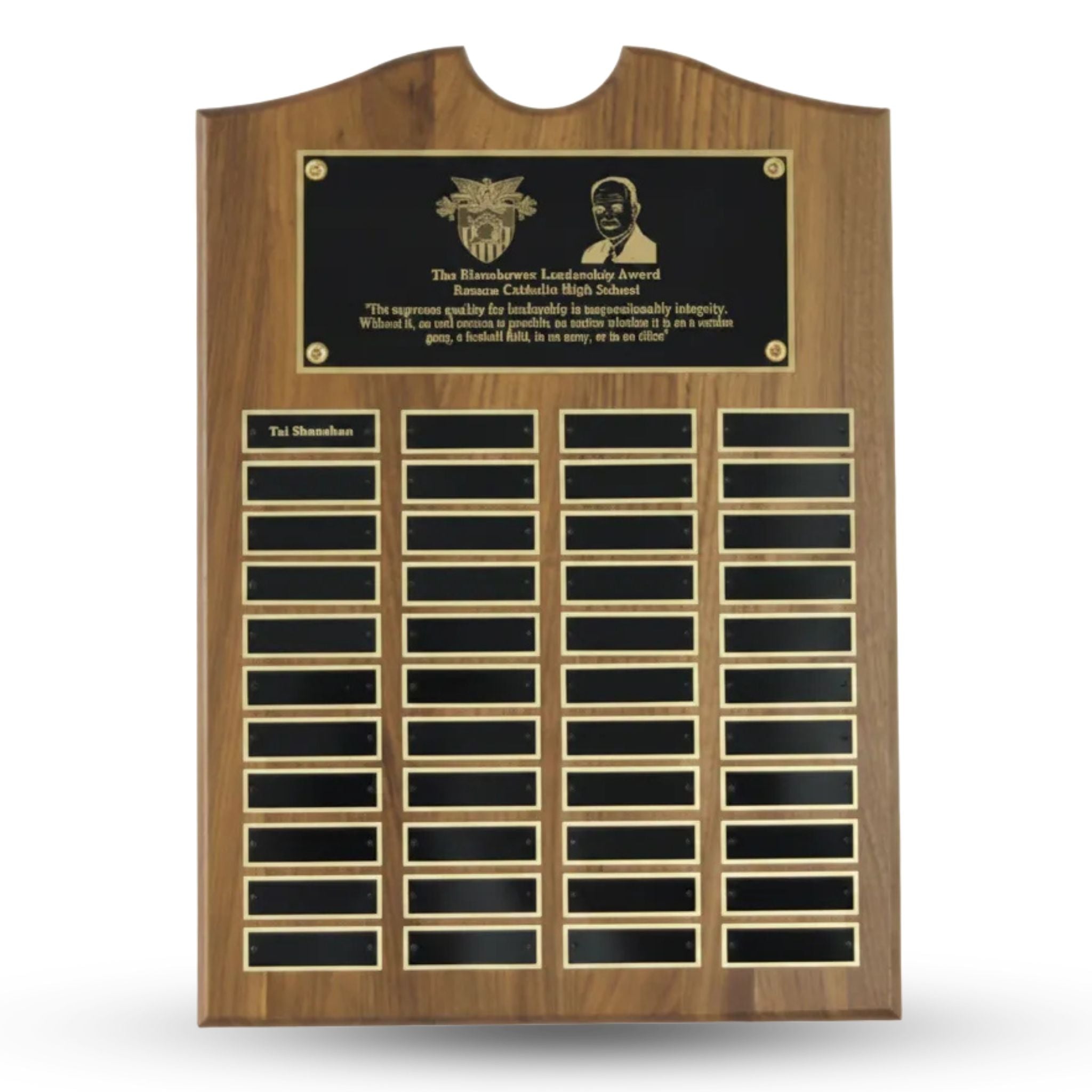 Perpetual Walnut Plaque with Scroll Top - 48 Black Plates