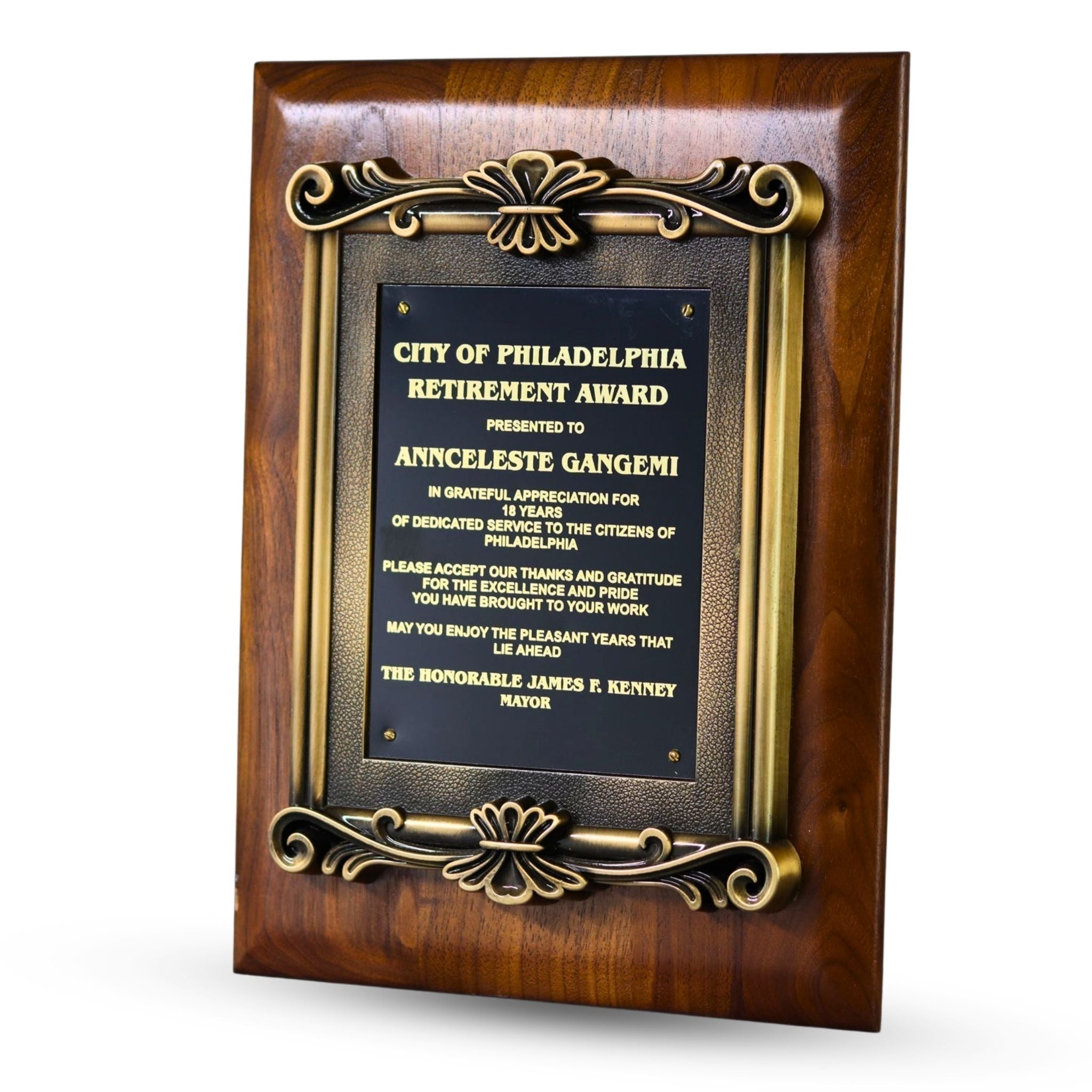 Solid Walnut Plaque with Antique Gold Metal Scroll Frame
