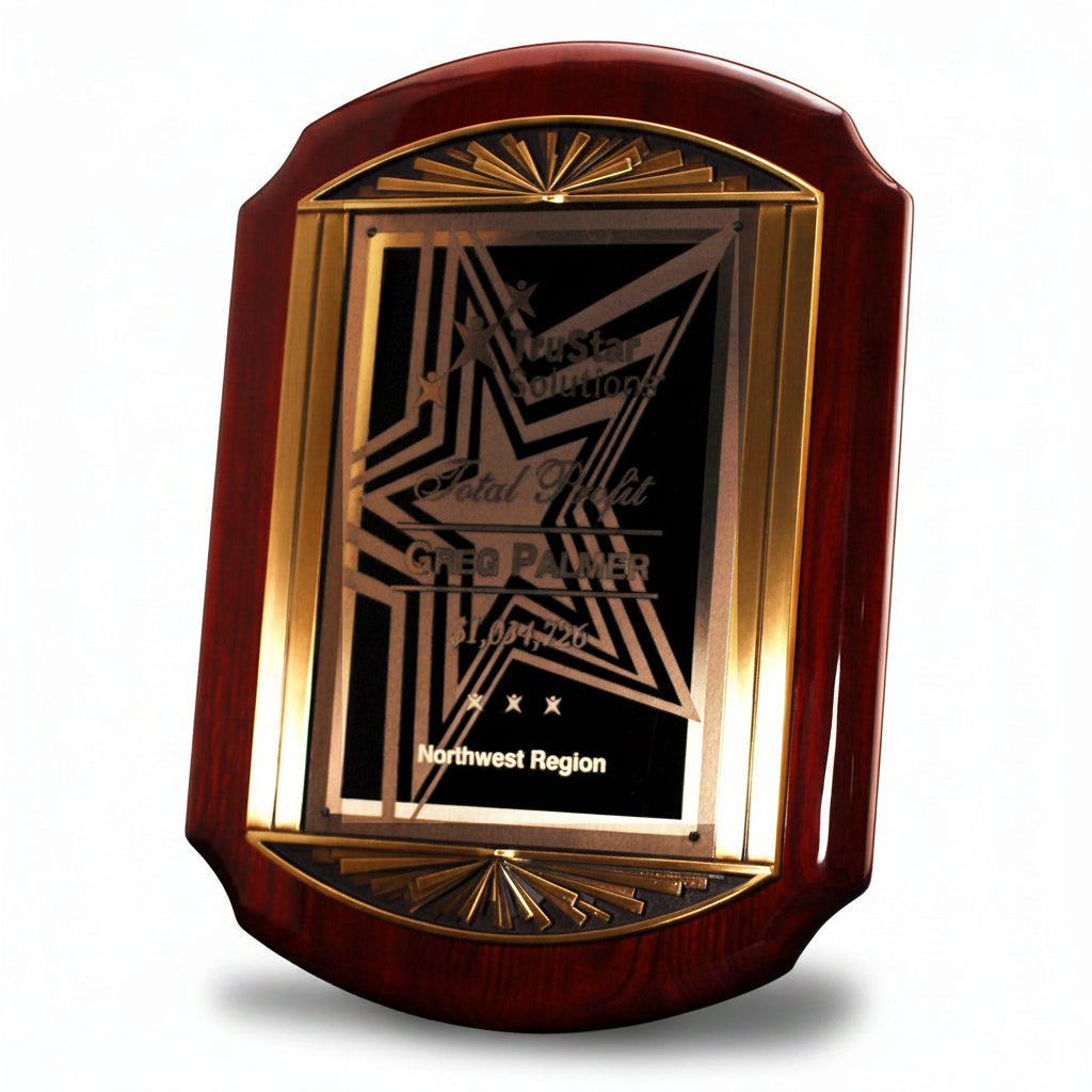 Scalloped Rosewood Piano Finish Plaque with Cast Metal Frame