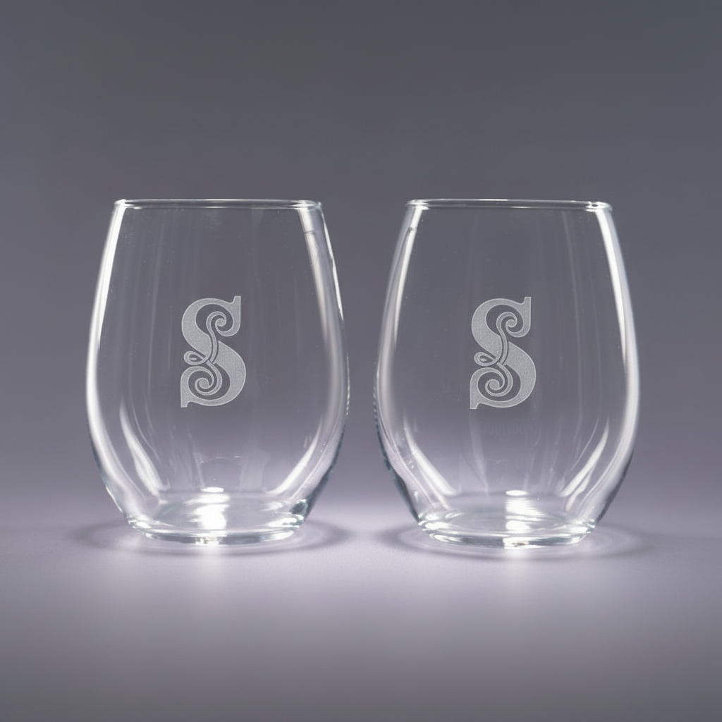Etched Stemless Wine Glasses - Set of  2