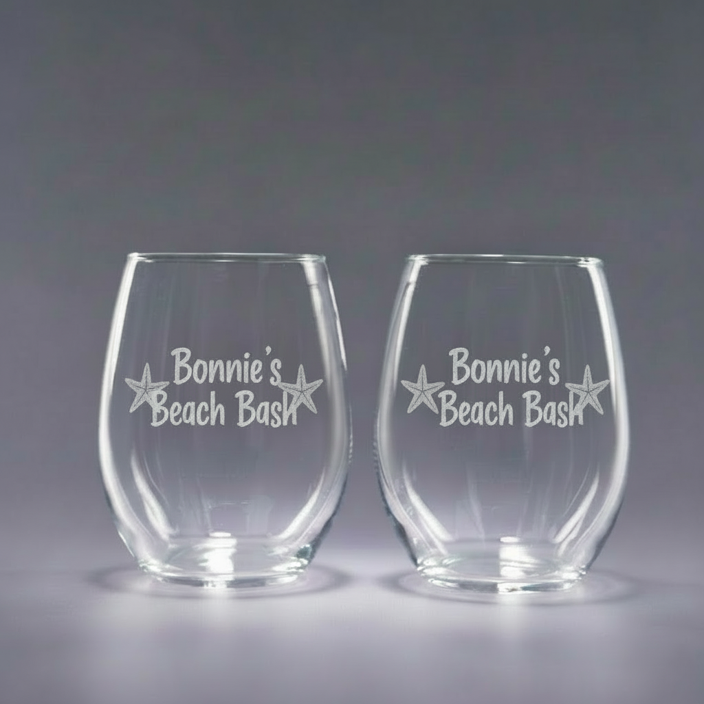 Etched Stemless Wine Glasses - Set of  2