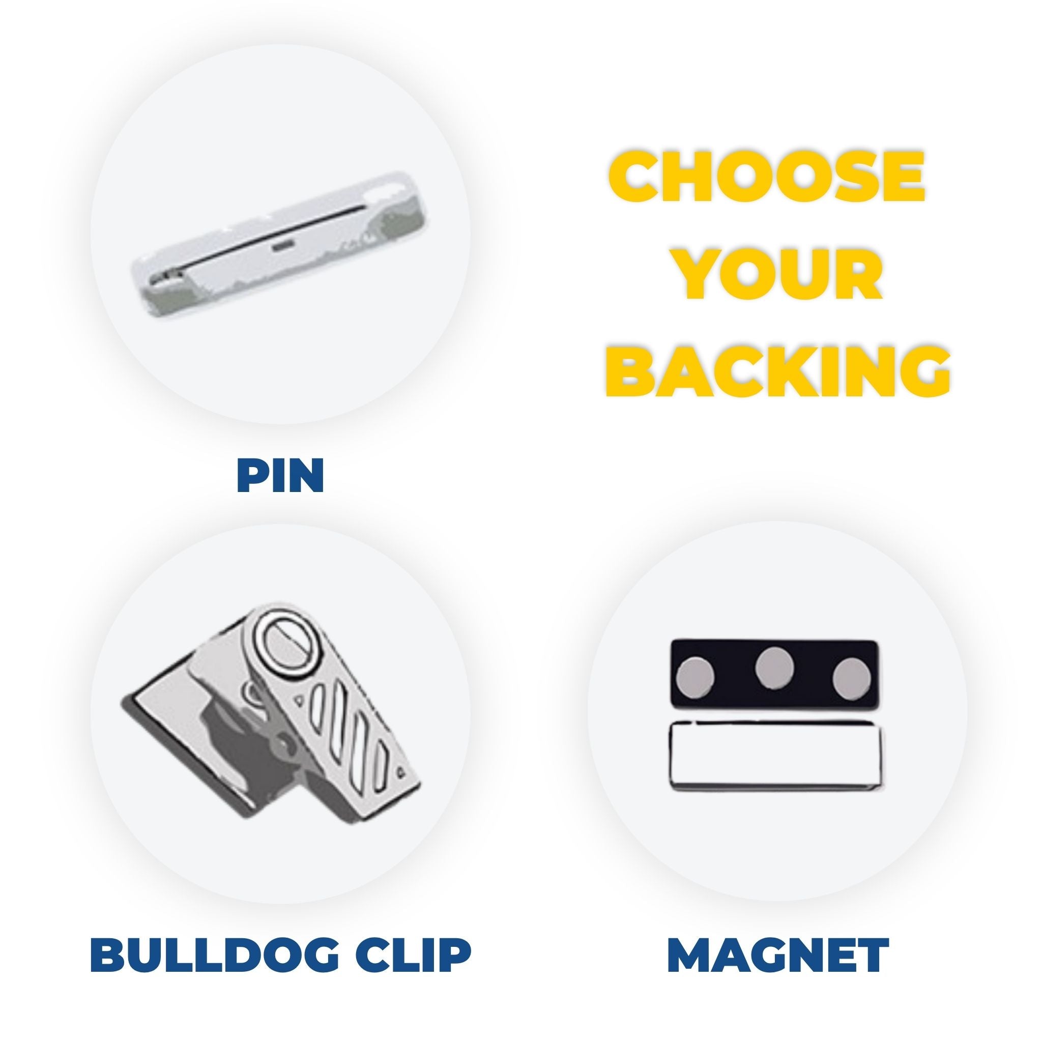Product display with options for backing: pin, bulldog clip, and magnet, with a yellow star and text 'Choose Your Backing' on a white background.