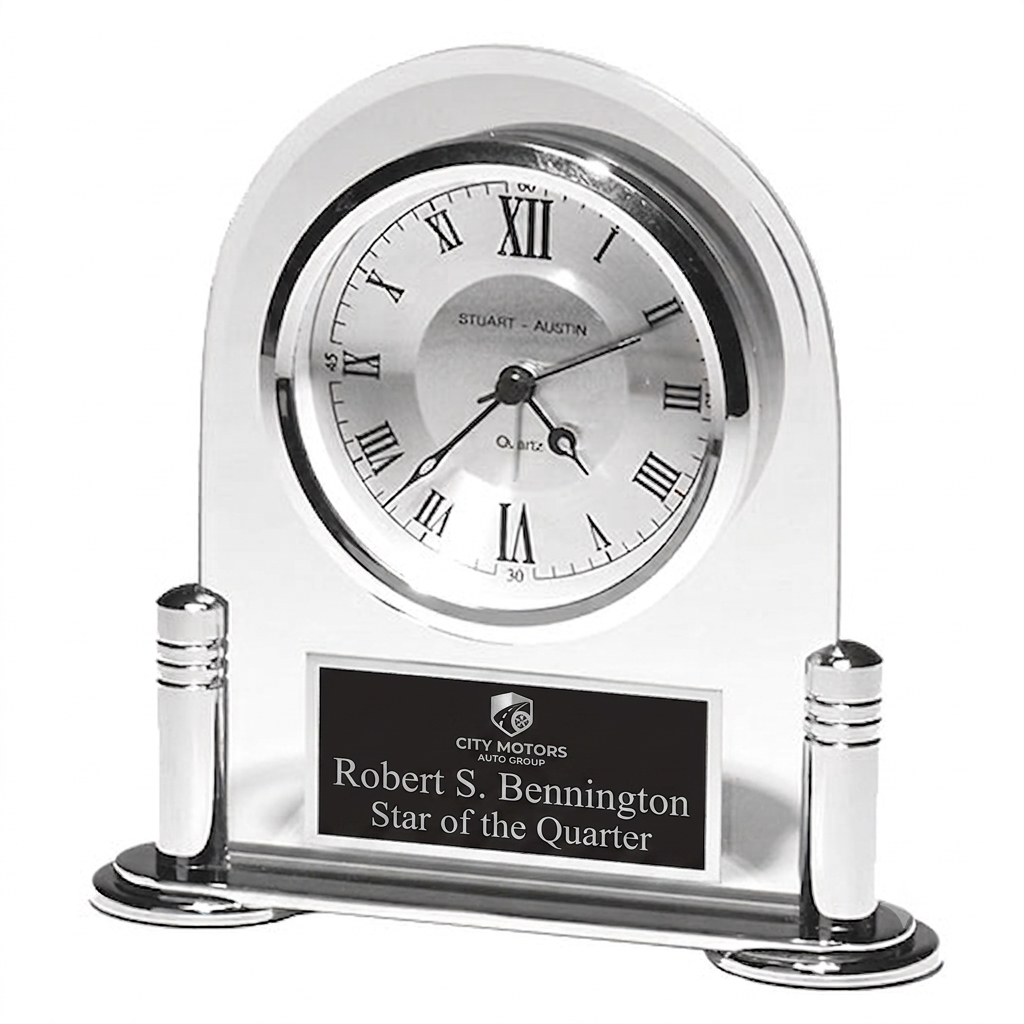 Silver Metal and Beveled Glass Clock