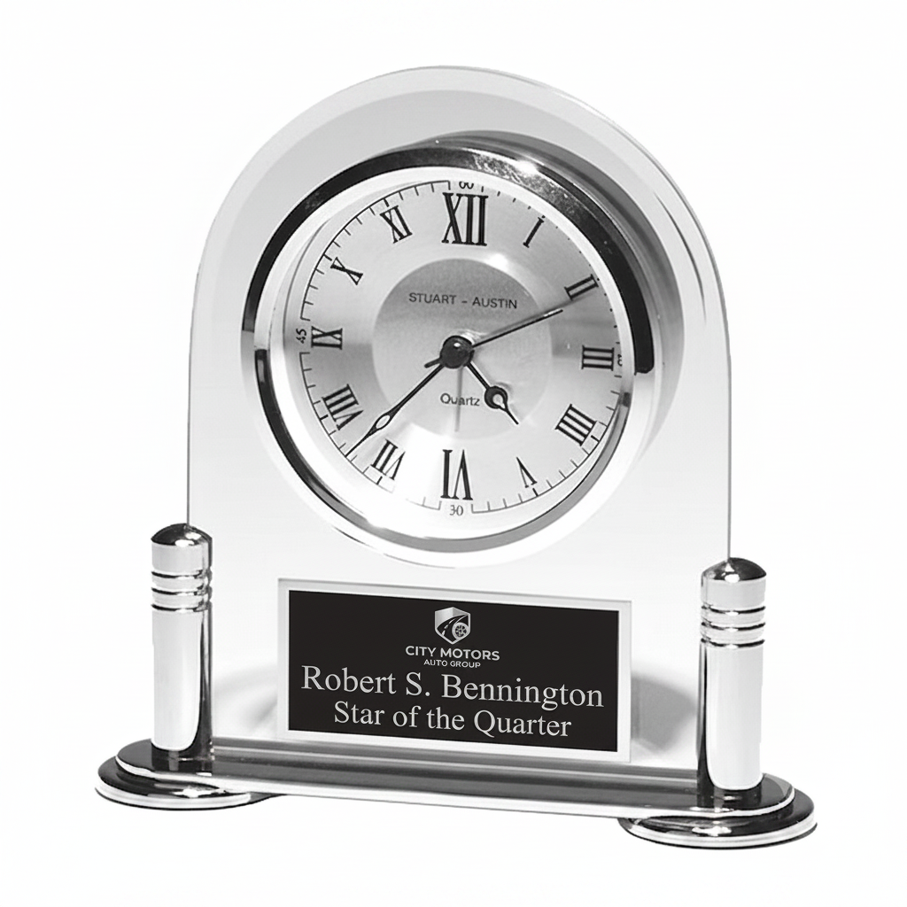 Silver Metal and Beveled Glass Clock