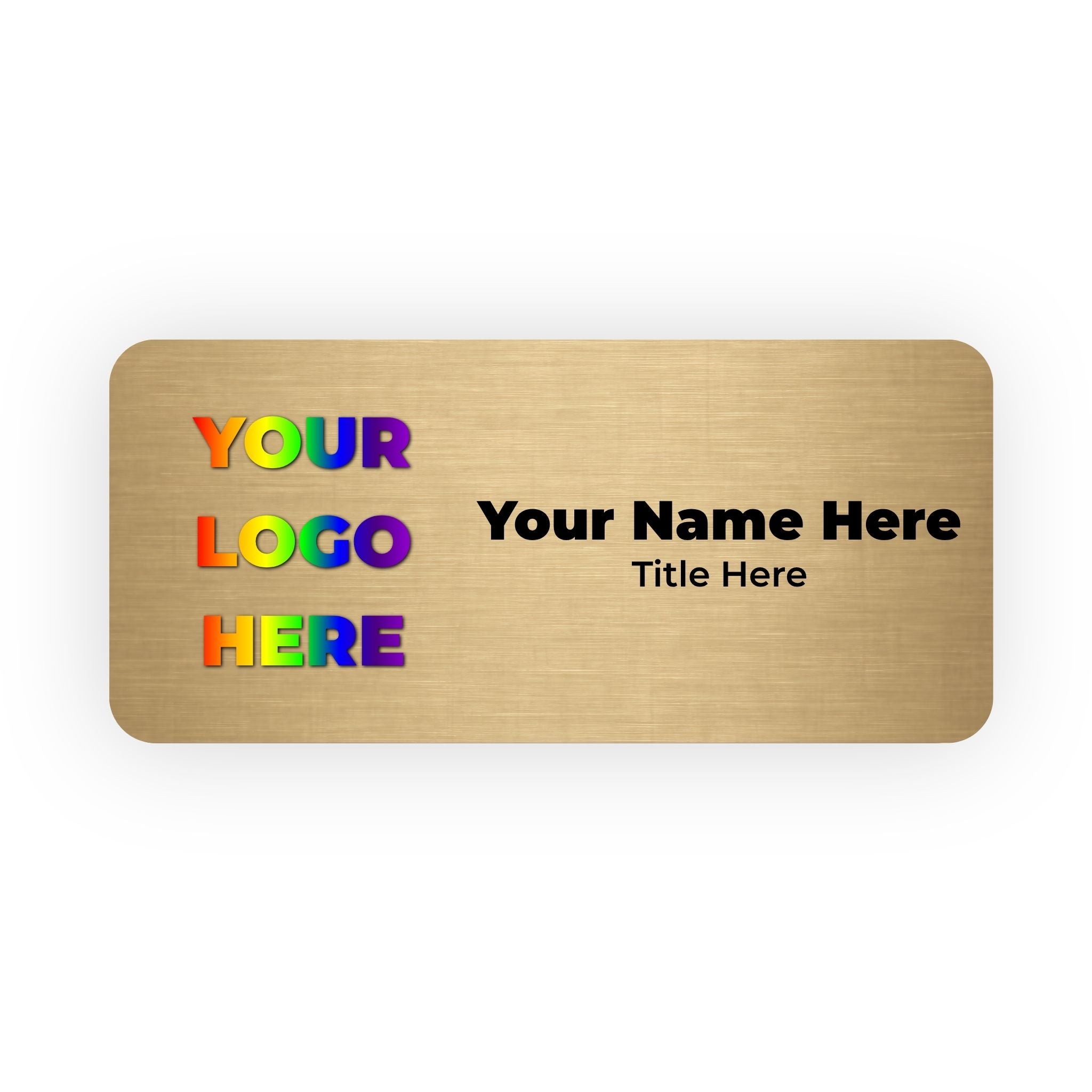Gold name tag with customizable text and logo area on a white background