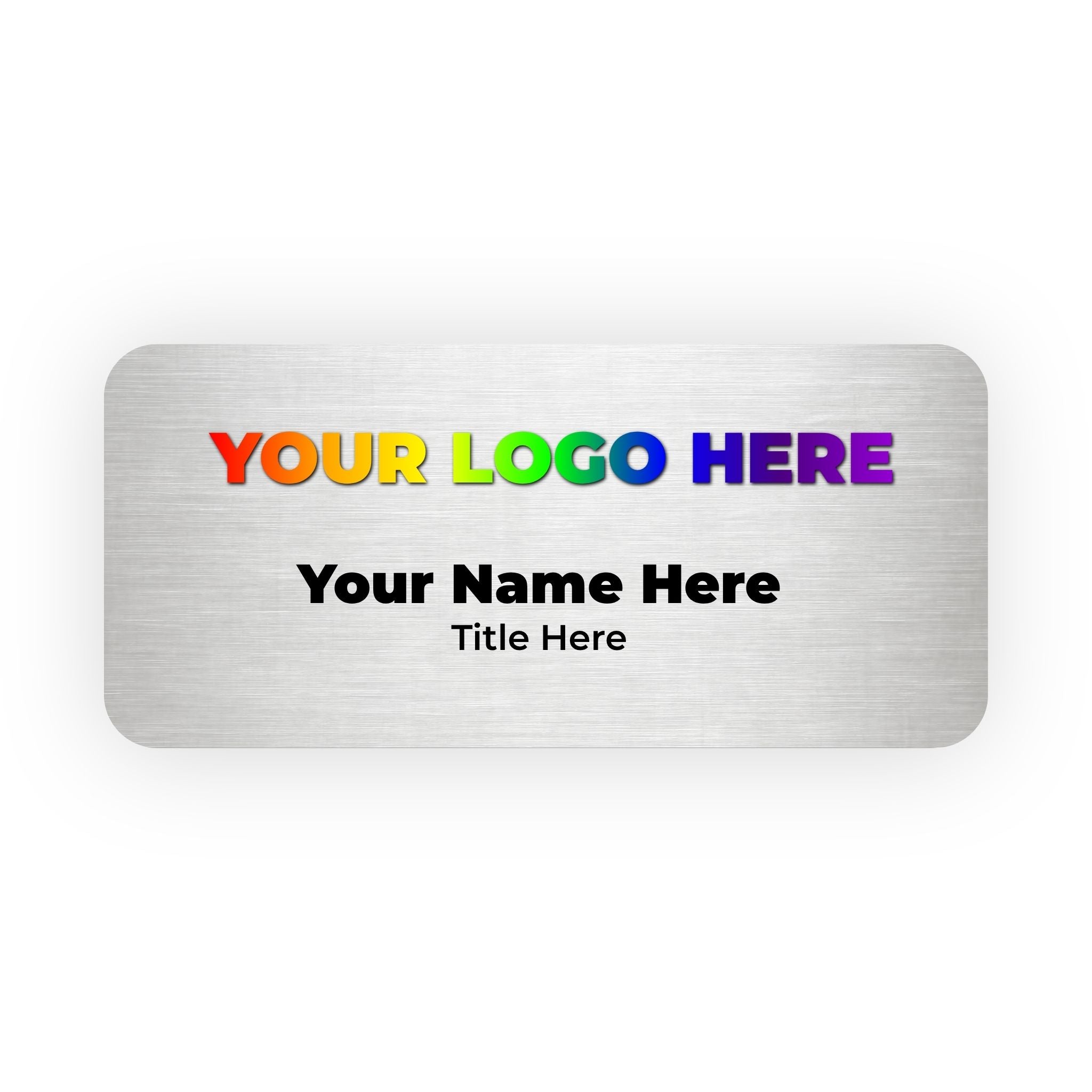 Name tag with customizable text and logo area on a white background