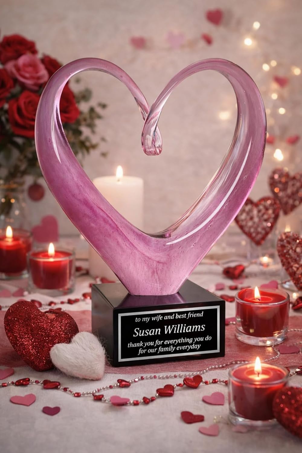 Pink Heart Shaped Art Glass on Base