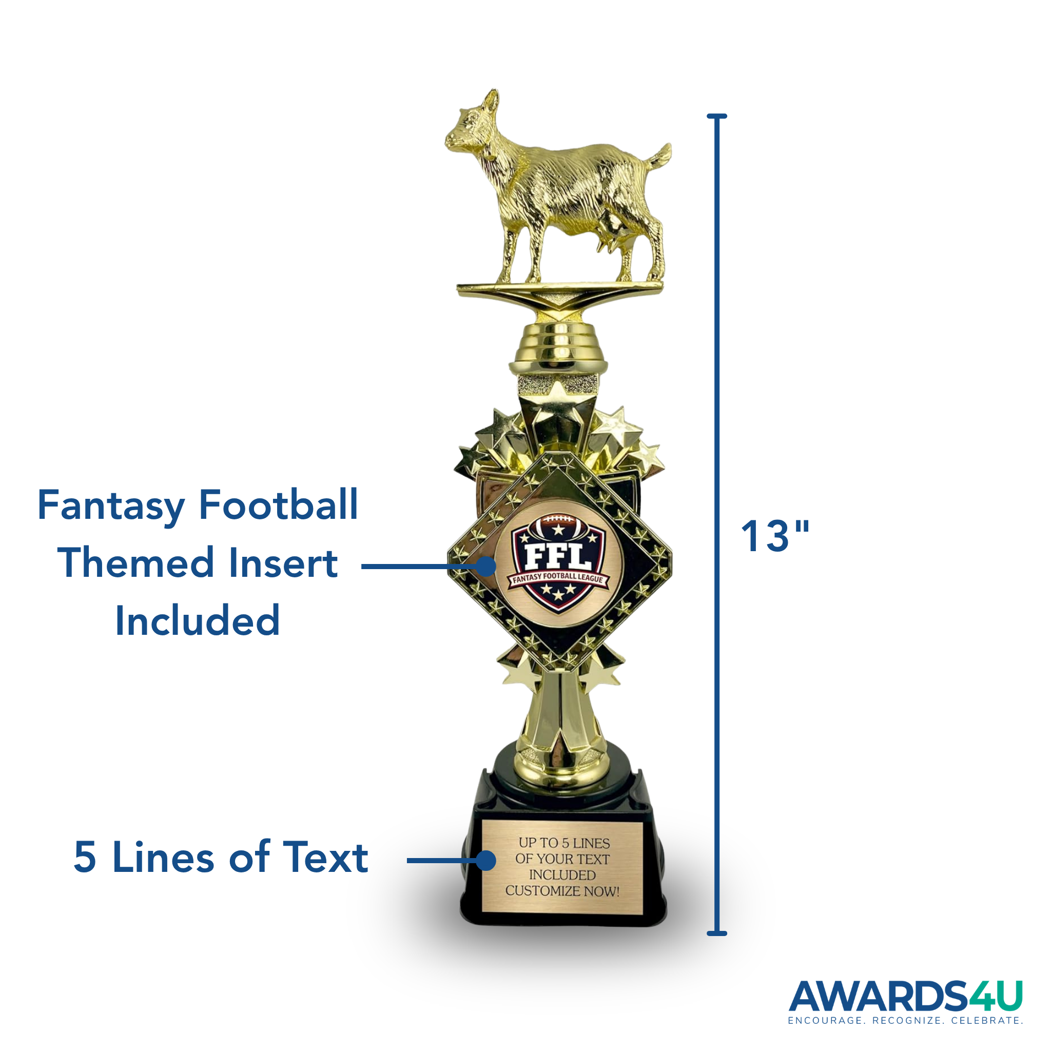 GOAT Fantasy Football Trophy - 13" Custom Engraved Award