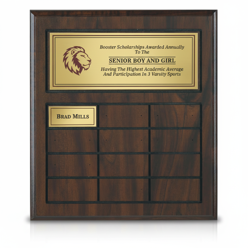 Wooden plaque with gold engraving for academic and sports achievements
