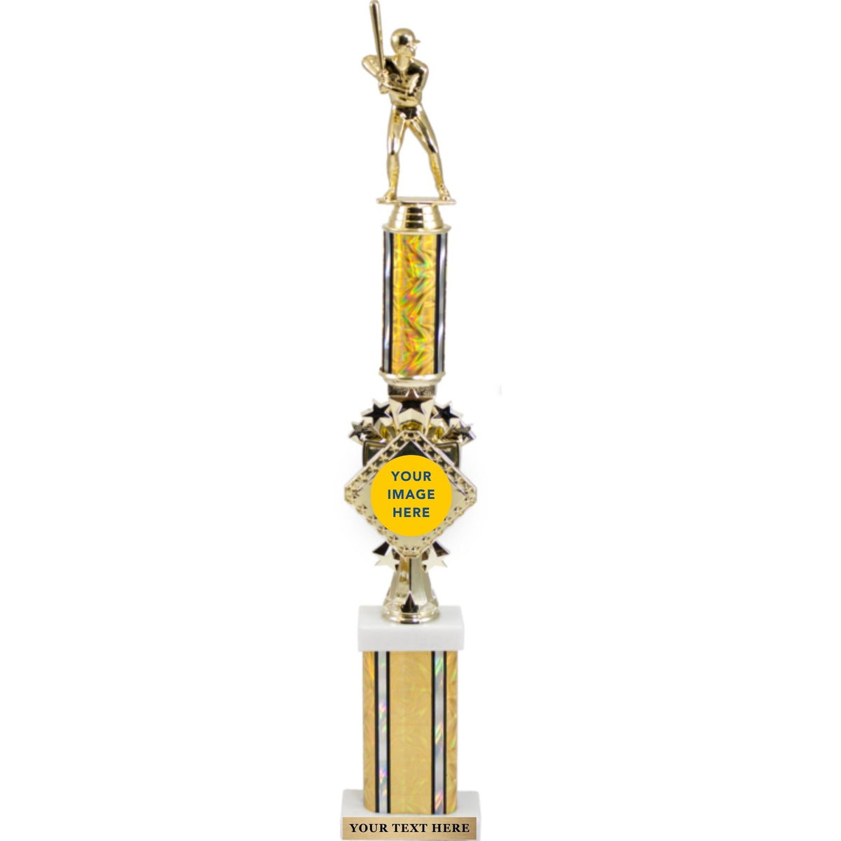 A gold and white sports trophy featuring a baseball player statue, a holographic gold column, a customizable badge, and a white marble-style base on a white background.