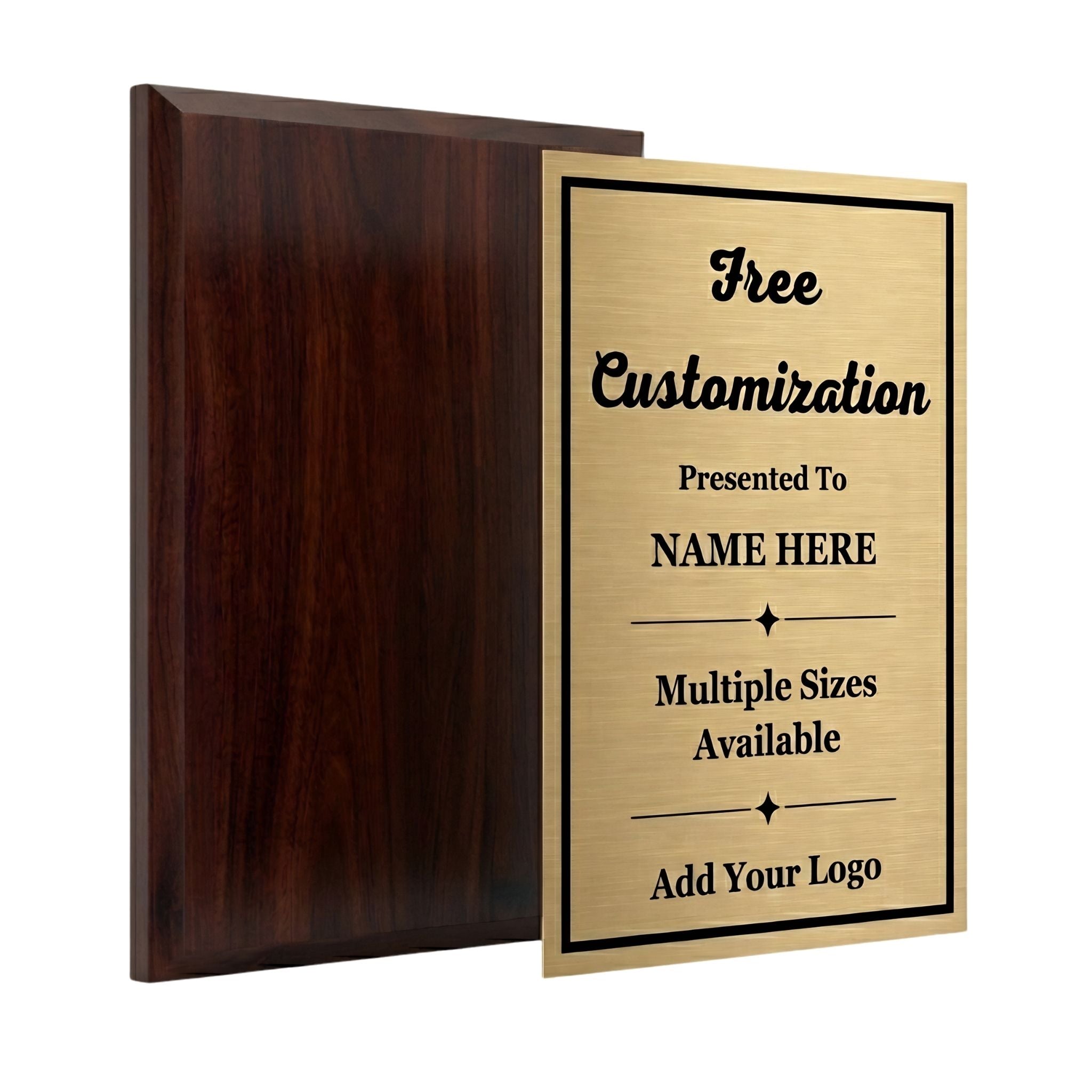 Expanded view of a customizable walnut plaque with gold and black metal engraved plate - free personalization with name and logo