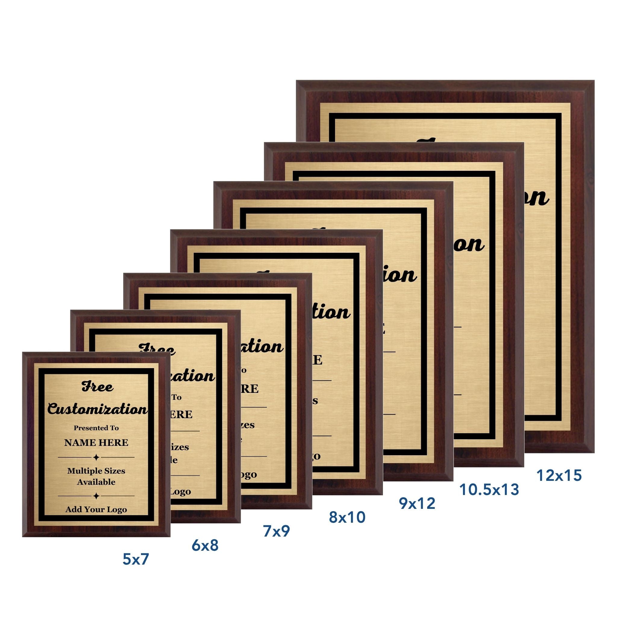 customizable walnut plaque shown in multiple sizes - 5x7, 6x8, 7x9, 8x10, 9x12, 10.5x13, 12x15