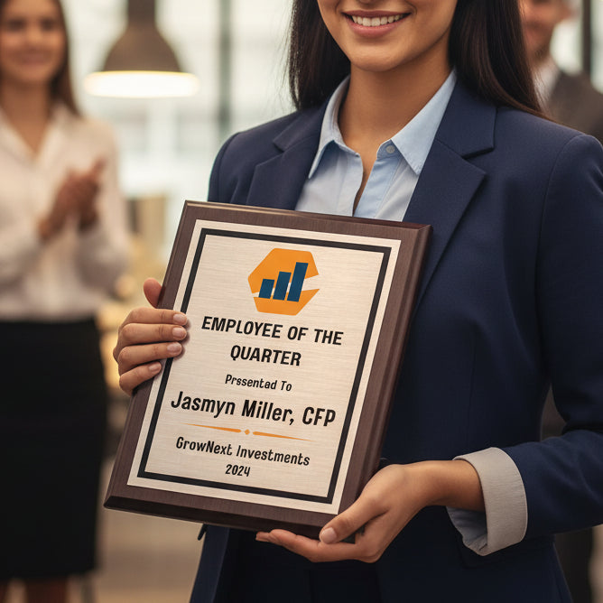woman in business attire holding customizable walnut plaque with personalized "Employee of the Quarter" engraving and company logo