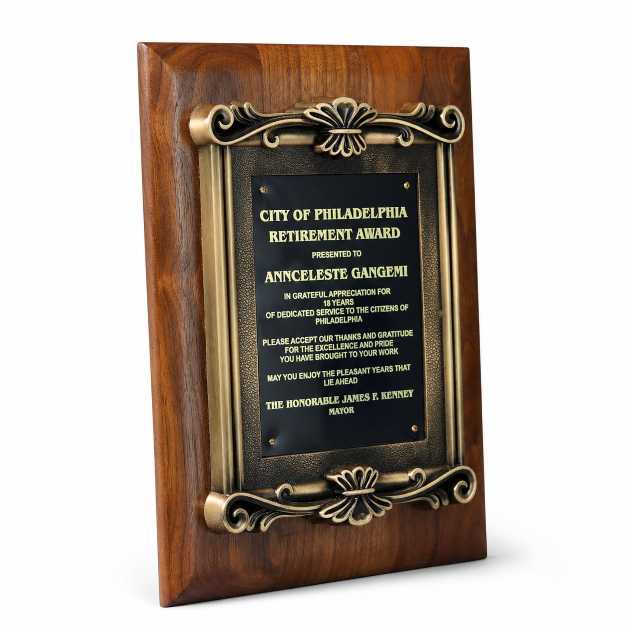 Solid Walnut Plaque with Antique Gold Metal Scroll Frame