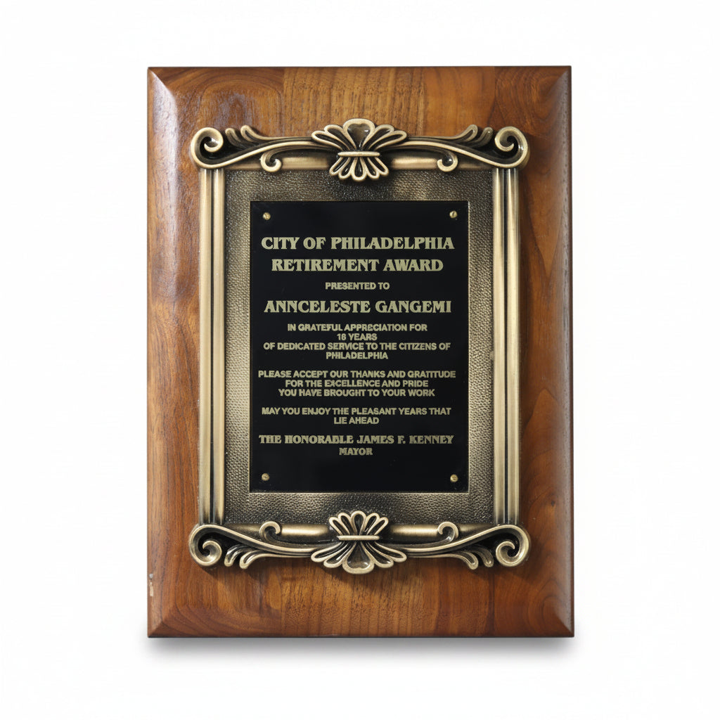 Solid Walnut Plaque with Antique Gold Metal Scroll Frame