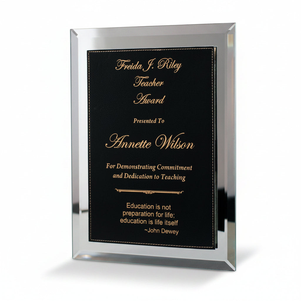 Mirror Plaque with Black and Gold Lasered Leatherette Plate