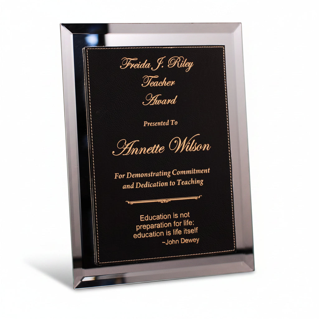 Mirror Plaque with Black and Gold Lasered Leatherette Plate