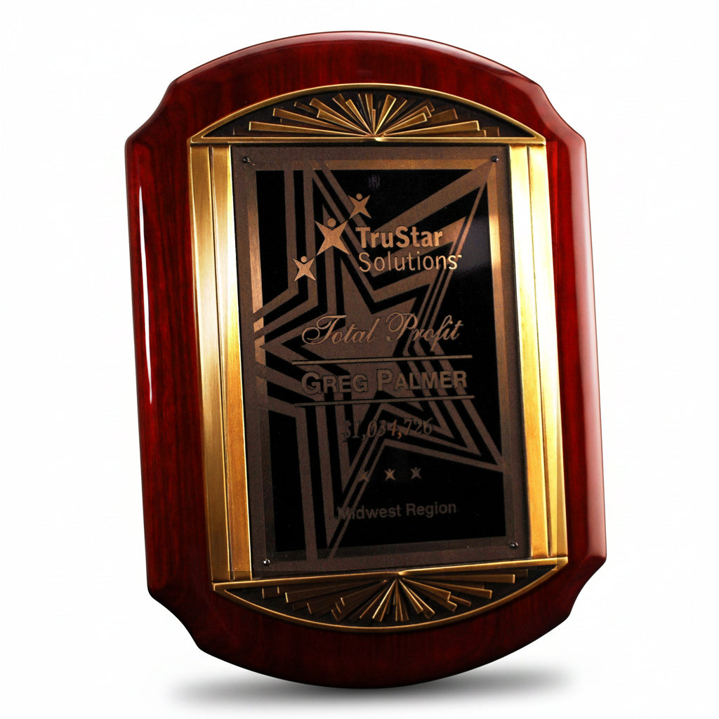 Scalloped Rosewood Piano Finish Plaque with Cast Metal Frame