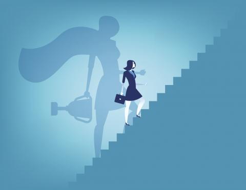 Woman climbing stairs, her shadow has a cape