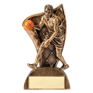 Male Basketball Trophy with Flag Backdrop